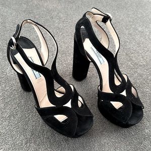 Prada Heels, Black Suede, Open Toe w/ Straps, Size 39, Made in Italy